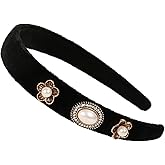 YARN & INK Wide Black Velvet Pearls Headbands For Teens Girls Non SlipVintage Handmade Hair Accessories Christmas Gift for Kids (Flowers Small)