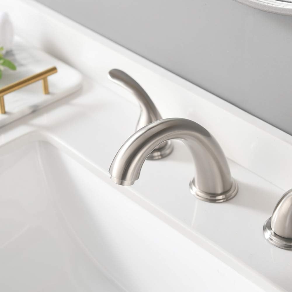 2 Handles 3 Holes Deck Mount Brushed Nickel Widespread Bathroom Faucet by Phiestina, with Stainless Steel Pop Up Drain, WF008-5-BN - - 