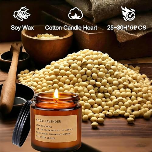 Ricihene Scented Candles Set, 6 Pack Glass Container Candles Set, Lavender/Rose/Sandalwood Scents for Aromatherapy Candles, Long-Burning, Home Decoration & Gift Set