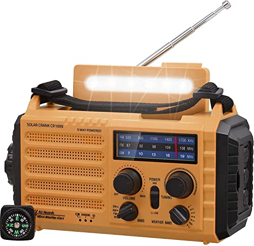 Tragbare Solar Radio, Notfall Radio mit Kurbel, Dynamo Wetter AM/FM/SW Radio, 5000mAh Wiederaufladbare Powerbank, Typ C Anschluss, LED Taschenlampe&Le