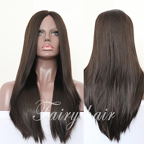 Oxeely Hair-Z natural straight Lace Front Wigs Straight Synthetic Hair Glueless Wig With Baby Hair free Part For Women Heat Resistant dark brown color 24INCH