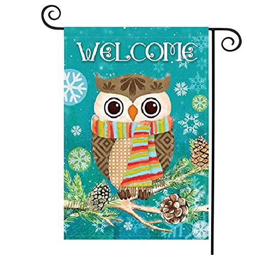 MC Cute Owl Winter Snowflake Garden Flags 12.5X 18 Inches Double Sided Polyester Pine Cone Winter Welcome Outdoor Banners Decorative Christmas Holiday Yard Flags Supplies