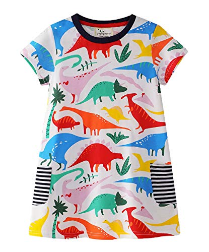 AYOMIS Girl's Cotton Cartoon Short Sleeve Unicorn Casual Dresses(Dinosaur,3T)