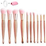 Mermaid Makeup Brushes Sets - 11 pcs Mermaid Handle Makeup Brushes with Chubby Fish Foundation Face Brushes