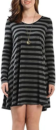 Sigain Women's Long Sleeve Tunics T-Shirt Jumper Loose Swing Casual A Line Flowy Striped Dress,Black+Grey Stripes