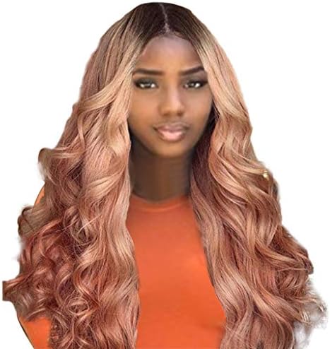 ✿ICE cream Ombre Color Long Curly Wig Heat Resistant Synthetic Wig High Density Full Wigs for Women Rose Gold (Rose Gold)