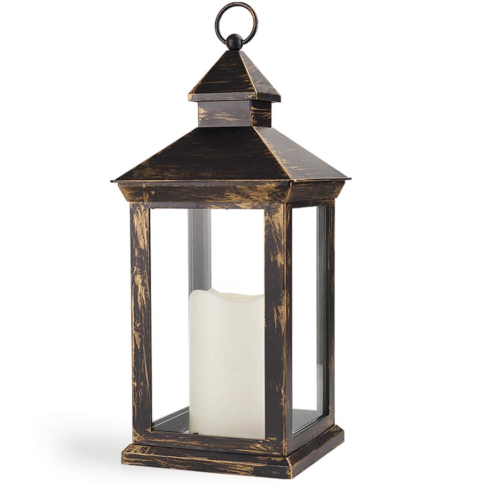 14" Outdoor Lanterns With LED Candles And Timer Distressed Bronze