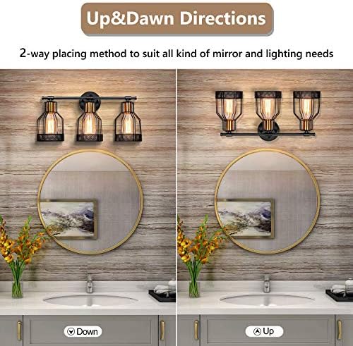 3-Mild Industrial Lavatory Self-importance Mild Farmhouse Type Steel Cage Classic Self-importance Wall Sconce Lighting Black&Gold E26 Edison Rustic Wall Mild Fixture for Lavatory Self-importance Mirror Dressing Cupboard