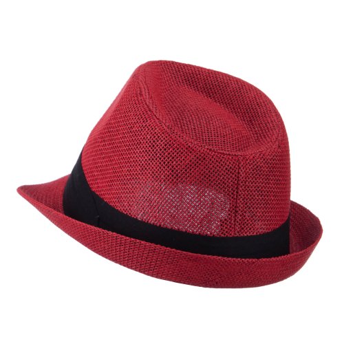 Pleated Hat Band Straw Fedora Hat - Red OSFM