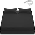 Grounding Sheets Queen Size, 10% Pure Silver Fiber + 90% Organic Cotton, Grounded Sheet Earth Connected Bedding Fitted Earth Sheets with Grounding Cord (Black, Queen)