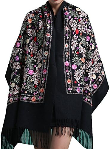 TLIH Women's Exotic Design Wool Blend Delicate Embroidered Soft Scarf Wrap Shawl Black