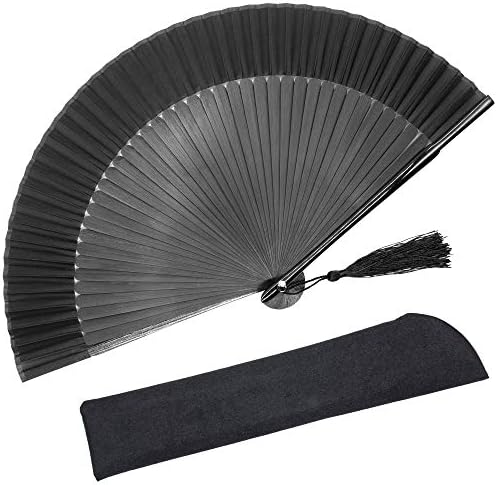 OMyTea Folding Hand Fan for Women - Foldable Chinese Japanese Vintage Bamboo Silk Fan - for Hot Flash, Church, EDM, Music Festival, Party, Dance, Performance, Decoration, Gift (Sexy Black - Solid)