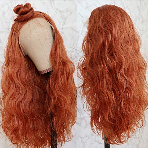 QD-Tizer Long Orange Hair Natural Wavy Lace Front Wig Heat Resistant Glueless Synthetic Wigs for Fashion Women 22inch