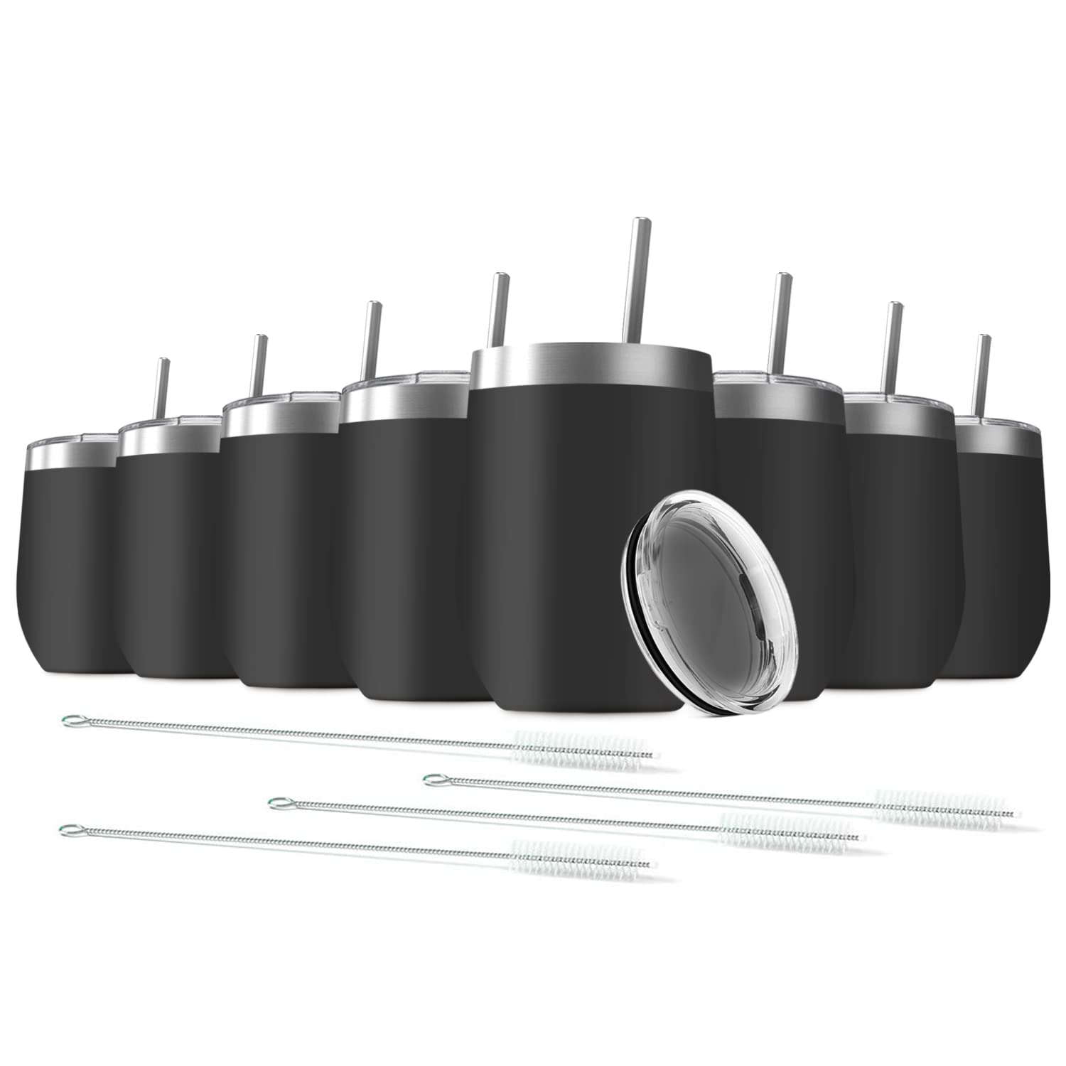 Photo 1 of Deitybless 8 Pack 12 oz Stainless Steel Wine Tumbler with Lids, Double Wall Vacuum Insulated Travel Cup Including 8 Straws Set for Coffee, Cocktail, Drink, Tea and Beer (Black)