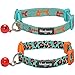 Blueberry Pet Cat Collar Breakaway 2 Pack, Fish Bone & Leopard Print, Adjustable Cat Collars for Boy Cats, Turquoise Blue with Bell, Neck 9-13