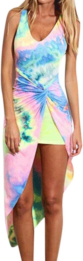 pitashe Fashion Womens Sexy Dress Multicolor Printed Halter Neck Sexy Sleeveless Backless Beach Party Dress Ladies Summer Casual Cocktail Club Side Split Bodycon Slim Fit V Neck Vintage Mini Dress