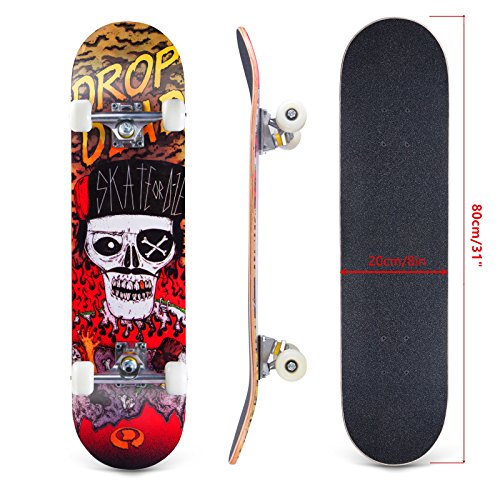 Karriw Skateboard 31 Inch Complete Standard Skateboard 8 Layer Maple Skateboard Deck with Sports Outdoors Durable Skate Board for Kids Beginners (Pirate B)