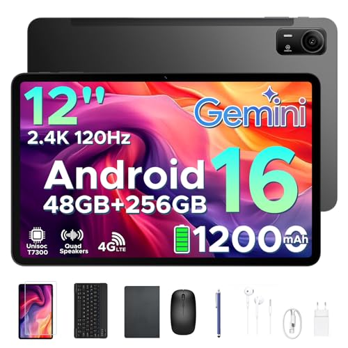 Easerush P12 Pro Tablets 12 Pulgadas, 2.4K 120Hz & 4G Sim LTE, 48GB+256GB/2TB Gemini AI & 12000mAh/18W Tablet Android 16, T7300 Octa Core Tablet con Teclado, Quad Speakers/Widevine L1/Mouse/Funda