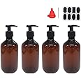 zmybcpack 4 Pack 16 OZ Empty Plastic Pump Lotion Bottles with 1 Pen, Labels & Silicone Funnel, Amber Color Lotion Dispenser with Locking Pump for Body Wash, Shampoo, Massage Lotion, Gel