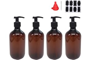 zmybcpack 4 Pack 16 OZ Empty Plastic Pump Lotion Bottles with 1 Pen, Labels & Silicone Funnel, Amber Color Lotion Dispenser with Locking Pump for Body Wash, Shampoo, Massage Lotion, Gel