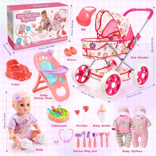 HappyGoLucky Baby Stroller with 28 cm Doll, Clothes and Accessories Dolls Roleplay Girl 3-7 Years Dolls Pram Gift Girl 2-8 Years Toys Child