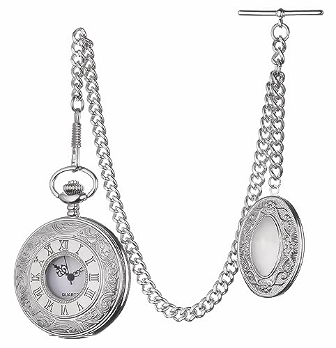 Holy Sins Jewellery Vintage-Style Pocket Watch Chain with Ornate Medal and Pocket Watch – 12 Inch T-Bar Chain for Waistcoats, Costumes & Gifts