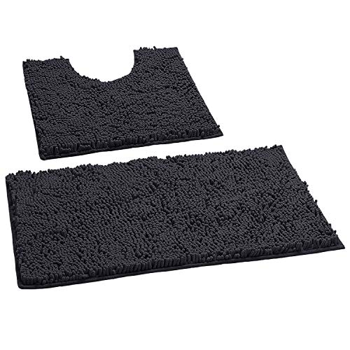 Charcoal Grey Bathroom Rugs Sets 2 Piece, Luxury Chenille Bath Mat Set