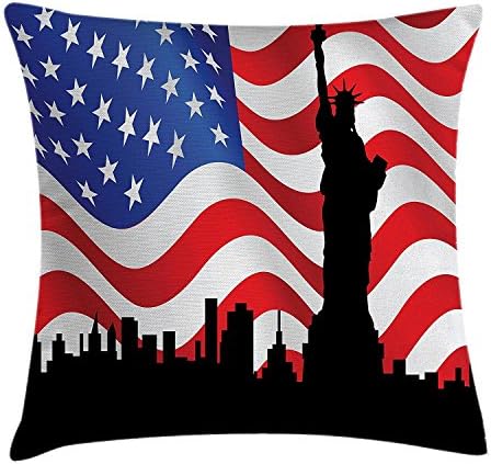 American Flag Decor Throw Pillow Cushion Cover, Silhouette of Statue of Liberty on Stars Stripes Background Landmark Print, Decorative Square Accent Pillow Case, 18 X 18 Inches, Multi