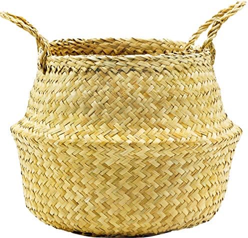 Lilocraft Natural Seagrass Belly Basket with Handles, Storage Laundry, Picnic, Plant Pot Cover, and Woven Straw Beach Bag (30cm Diameter x 28cm Height) for Home Decor