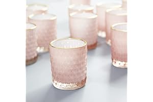 SHMILMH Pink Votive Candle Holders Set of 24, Pink Christmas Table Centerpiece Glass Tealight Holders Bulk with Gold Rim, Tea Candle Holder for Birthday Wedding Decor