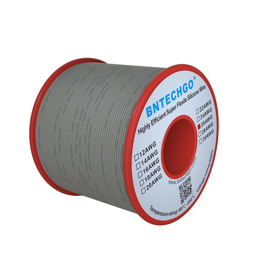 BNTECHGO 26 Gauge Silicone Wire Spool Gray 250 ft Ultra Flexible High Temp 200 deg C 600V 26 AWG Silicone Rubber Wire 30 Strands of Tinned Copper Wire Stranded Wire for Model Low Impedance