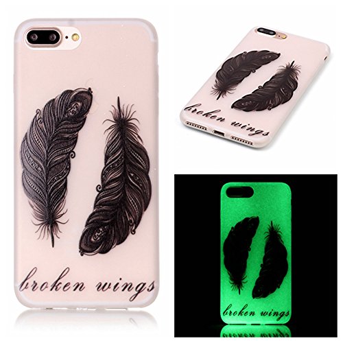iPhone 7 Plus Case Glow in the Dark, GreenDimension Luminous Noctilucent Drop Protection Shock Absorbent Soft TPU Cushion Bumper Matte Anti-Slip Back Flexible Silicone Shell Cover Black Feather