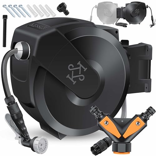 KESSER® Schlauchtrommel mit Gartenschlauch 30m | Wasserschlauchtrommel zur Wandmontage | Wandhalterung | 180° schwenkbar & automatische Aufrollung | W