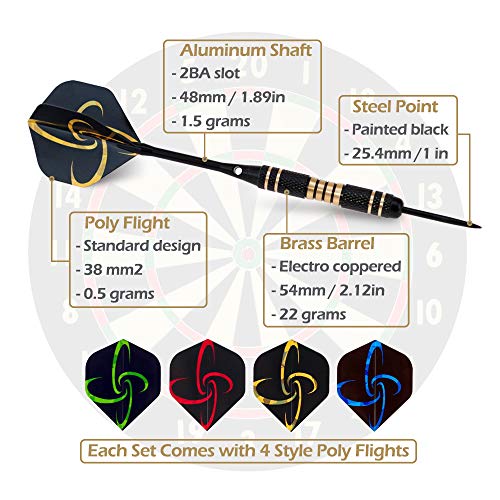 Wolftop 9 Pack Professional Steel Tip Darts 22 Grams with Brass Barrels and Aluminum Shafts + 4 Style Standard Flights + Dart Sharpener