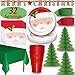 Christmas Party Tableware & Decorations - 32 Guests - Santa Dinner Plates and Napkins, Red Cups, Green Tablecloths, 3 Tree Centerpieces, Red and Green Crepe Streamers, MERRY CHRISTMAS banner