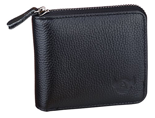 Admetus Men's Genuine Leather Short Zip-around Bifold Wallet Black