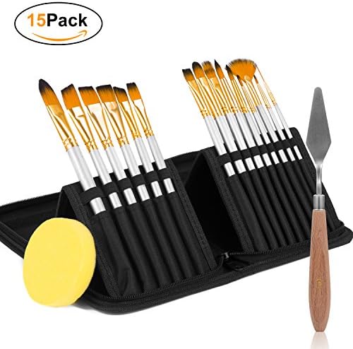 Ameauty Artist Paint Brush Set, 15 Pieces Different Shapes and Sizes with 1 Painting Knife and 1 Watercolor Sponge for Art Acrylics Oil Watercolor Face Body Painting- Shed-free for Kids Adults
