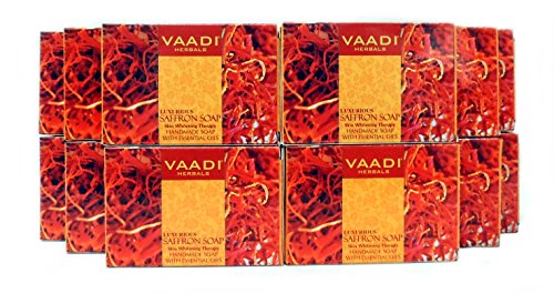 Saffron Soap (Saffron Bar Soap) with Goat Milk - Handmade Herbal Soap (Aromatherapy) with 100% Pure Essential Oils - ALL Natural - Skin Whitening Therapy - Each 2.65 Ounces - Pack of 12 (32 Ounces, 2 Lb) - Vaadi Herbals