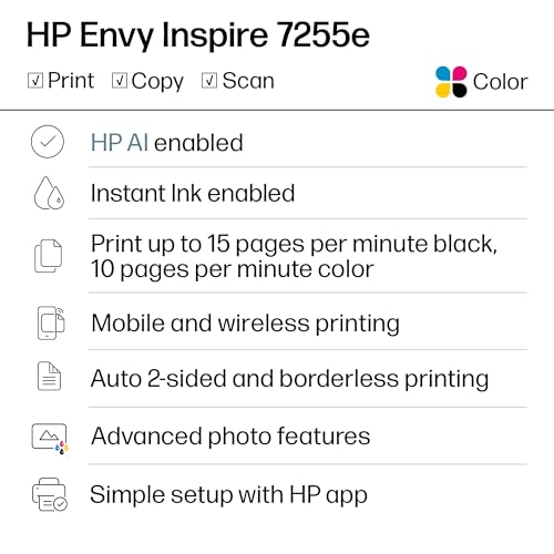 HP Envy Inspire 7255e Wireless Color Inkjet Printer, Print, scan, copy, Easy setup, Mobile printing, Best-for-home, 3 month Instant Ink trial included, AI-enabled (1W2Y9A)