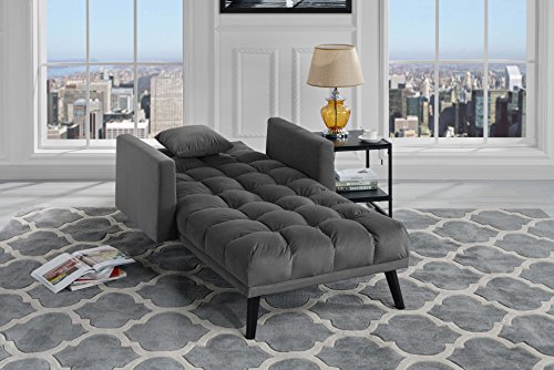 Sofamania Modern Velvet Fabric Recliner Sleeper Chaise Lounge - Futon Sleeper Single Seater with Nailhead Trim (Dark Grey)