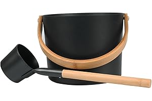 BWWNBY Sauna Bucket and Ladle Set, 1.85 Gallons (7L) Large Aluminum Sauna Bucket with Long Wooden Handle Spoon, SPA Shower Accessories, Saunas Accessories Set for Home Saunas (Color:Black)