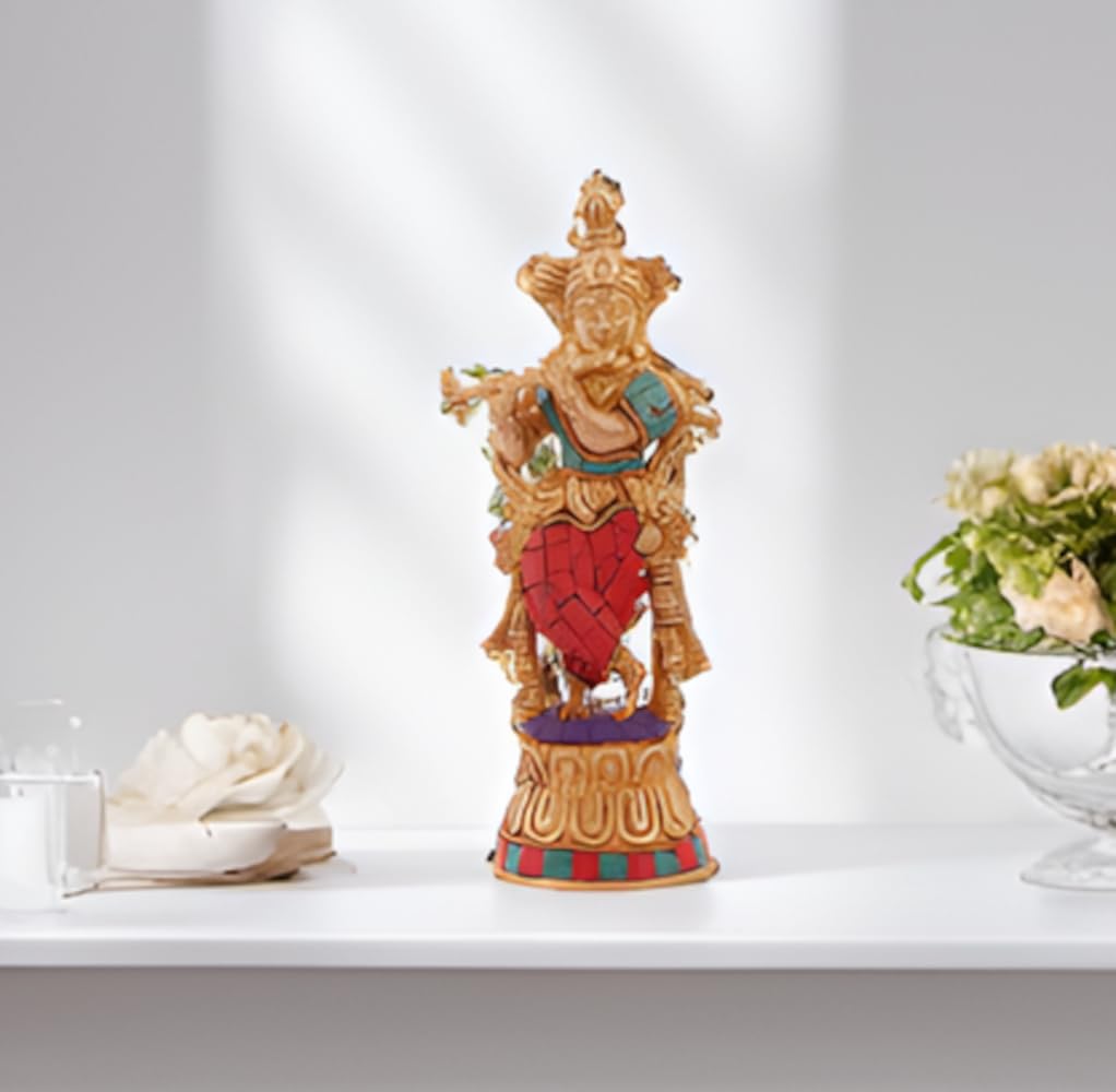 Purpledip Brass Idol Krishna: Gemstones Overlay Statue For Home Temple (11236)