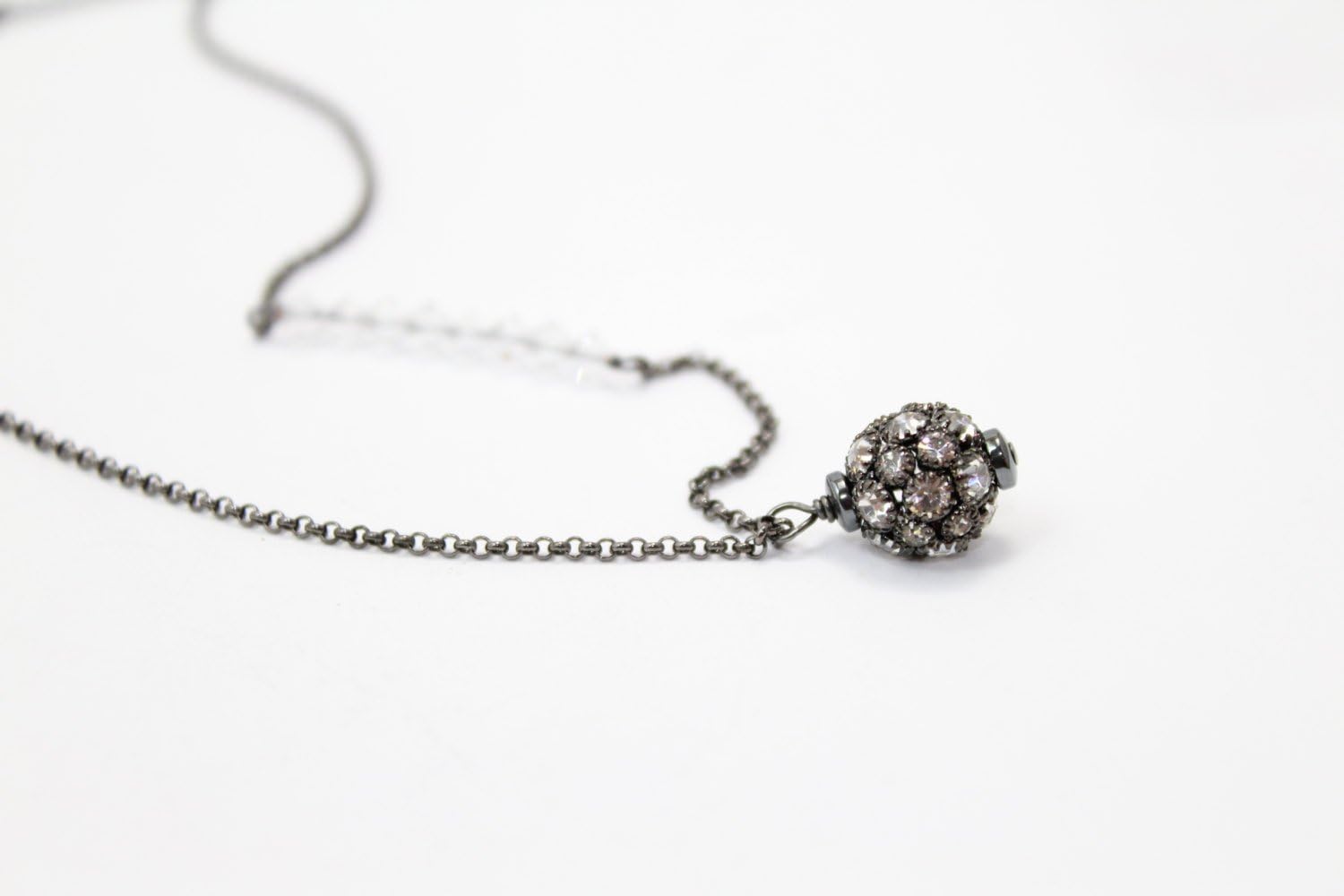 Long Crystal Ball Pendant Necklace in Gunmetal with Clear Swarovski Crystals