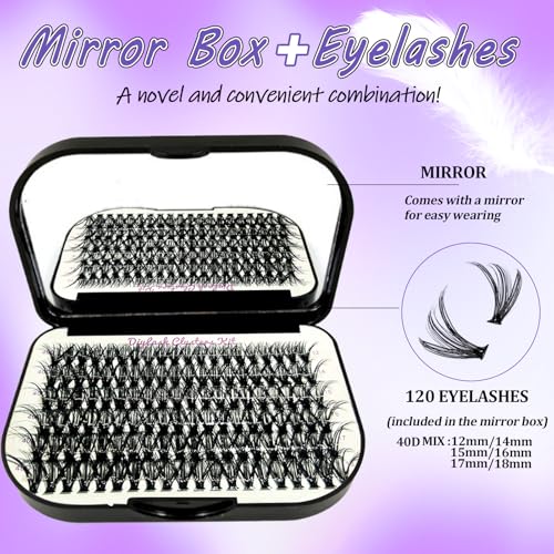 DNSGOOR DIY Eyelash Extension Kit 840 Lash Cluster Mirror Eyelash Box,Eyelash Gluing and Sealing,Eyelash Removal,Tweezer Brush Mini Applicator