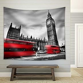 The UK. Red Buses in Motion and Big Ben - Fabric Wall Tapestry Home Decor - 51x60 inches