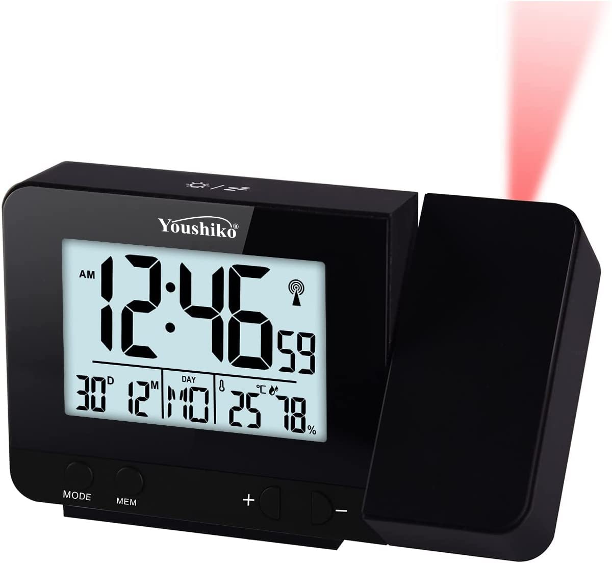 Youshiko Radio Control (Official 2026 MSF UK Version) Projection Alarm Clock, Bedroom Projector Clock Dual Alarms LCD Display Date Time
