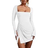 WISFRUIT Women's Sexy Square Neck Bodice Dress Long Sleeve Ruched Side Slit Party Club Mini Dress