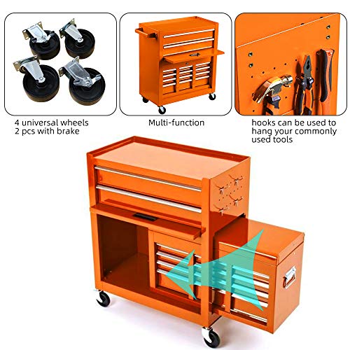 Big Tool Box,Rolling Tool Chest with Sliding Drawers,2 in 1 Tool Cabinet with 4 Swivel Wheels (2Pcs with Brake),Cold Rolled Steel,Orange - Thumbnail 3