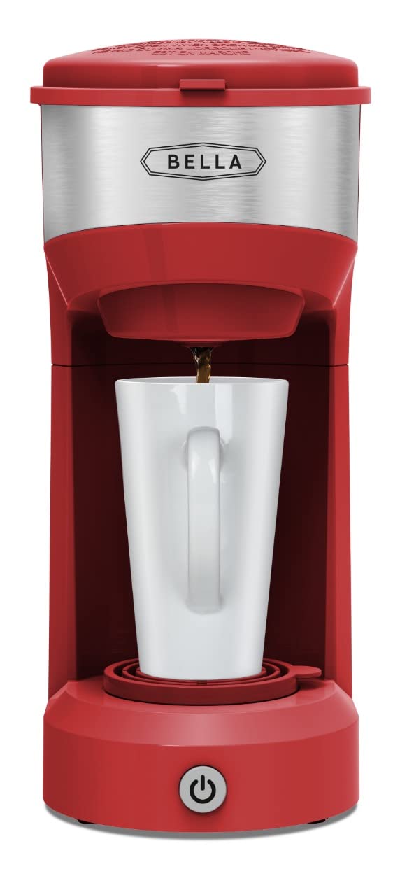 Photo 1 of BELLA Dual Brew Single Serve Coffee Maker, K-cup Compatible with Ground Coffee Basket & Adapter - Carefree Auto Shut Off & Adjustable Tray, 14oz, Red