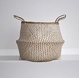 DUFMOD Small Natural and Plush Woven Seagrass Tote Belly Basket for Storage, Laundry, Picnic, Plant Pot Cover, and Beach Bag (Plush Zigzag Chevron Seagrass White, Small)